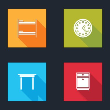 Ranzayı, saati, ahşap masayı ve mobilya komodinini hazırla. Vektör.