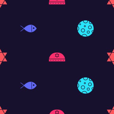 Set Moon, Hristiyan balığı, Yahudi kippah, David ve Star David 'in yıldızları kusursuz desenli. Vektör.