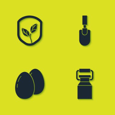 Kalkanı yaprak, konteynırı süt, tavuk yumurtası ve kürek ikonu olarak ayarla. Vektör.