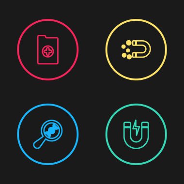 DNA araştırması, arama, yıldırımlı mıknatıs, para ve klinik rekor ikonu ayarla. Vektör.