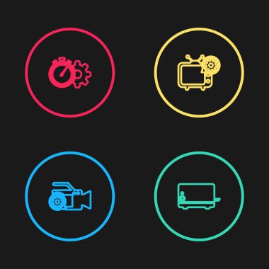 Video kamera ayarları, tost makinesi, televizyon ve zaman yönetim simgesi ayarla. Vektör.