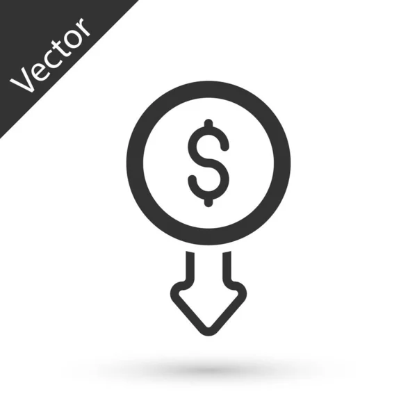 Grijze Dollar Rate Daling Pictogram Geïsoleerd Witte Achtergrond Kostenverlaging Geld — Stockvector