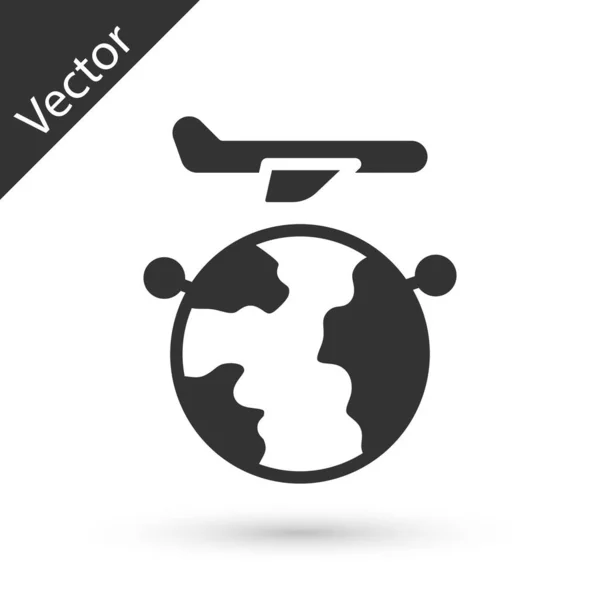 Globo Gris Con Icono Avión Volador Aislado Sobre Fondo Blanco — Vector de stock