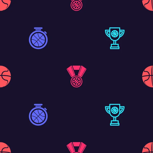 Set Copa Premios Con Pelota Baloncesto Cronómetro Medalla Baloncesto Patrón — Vector de stock