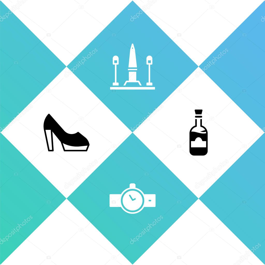Set Woman shoe, Wrist watch, Place De La Concorde and Bottles of wine icon. Vector.