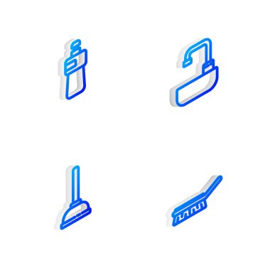 Lavaboyu muslukla, bulaşık deterjanıyla, plastik pompayla ve temizlik ikonu için fırçayla donatın. Vektör.