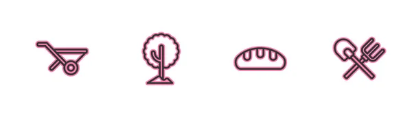 Καθορίστε Γραμμή Wheelbarrow Ψωμί Ρολό Δέντρο Και Φτυάρι Και Τσουγκράνα — Διανυσματικό Αρχείο