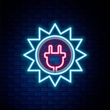 Parlayan neon hattı güneş enerjisi simgesi tuğla duvar arka planında izole edildi. Güneş ve elektrik prizi. Renkli taslak konsepti. Vektör
