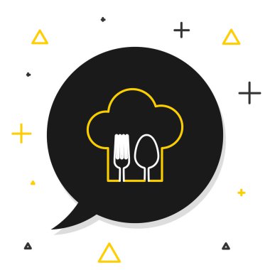 Çatal ve kaşık ikonlu hat şefi şapkası beyaz arka planda izole edilmiş. Aşçılık sembolü. Restoran menüsü. Aşçı şapkası. Renkli taslak konsepti. Vektör