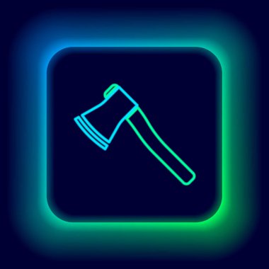 Parlayan neon hattı tahta balta ikonu siyah arkaplanda izole edildi. Oduncu baltası. Renkli taslak konsepti. Vektör