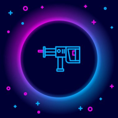 Parlayan neon hattı. Siyah zemin üzerinde izole edilmiş elektrikli döner çekiç matkap ikonu. İnşaat, onarım ve onarım için kullanılan bir alet. Renkli taslak konsepti. Vektör