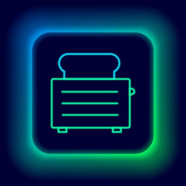 Siyah arkaplanda izole edilmiş tost simgesiyle parlayan neon hattı tost makinesi. Renkli taslak konsepti. Vektör