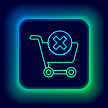 Parlayan neon hattı siyah arkaplanda izole edilmiş alışveriş arabası simgesini kaldır. İnternetten satın alma konsepti. Teslimat servisi. Süpermarket sepeti ve X işareti. Renkli taslak konsepti. Vektör