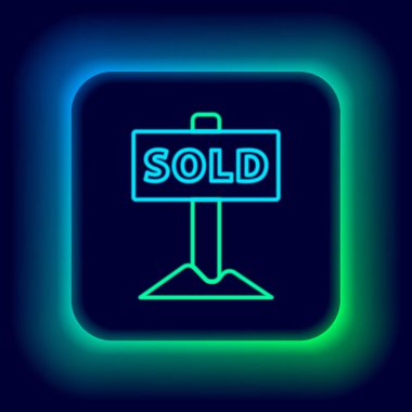 Siyah arkaplanda izole edilmiş metin satışı simgesi ile parlayan neon hattı asılı işareti. Çıkartma satıldı. Tabela satıldı. Renkli taslak konsepti. Vektör