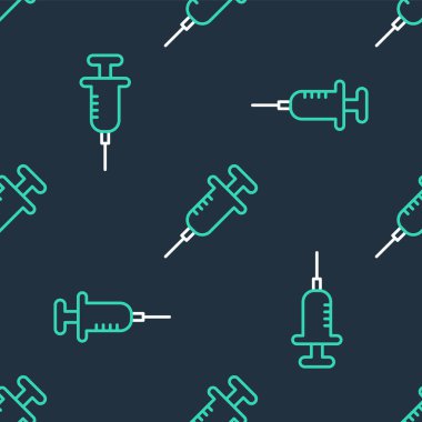 Şırınga simgesi siyah arkaplanda izole edilmiş. Aşı için şırınga, aşı, iğne, grip aşısı. Tıbbi ekipman. Vektör