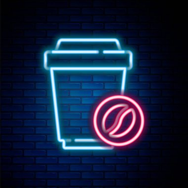 Parlayan neon hatlı kahve fincanı tuğla duvar arkasında izole edilmiş bir ikon haline gelecek. Renkli taslak konsepti. Vektör