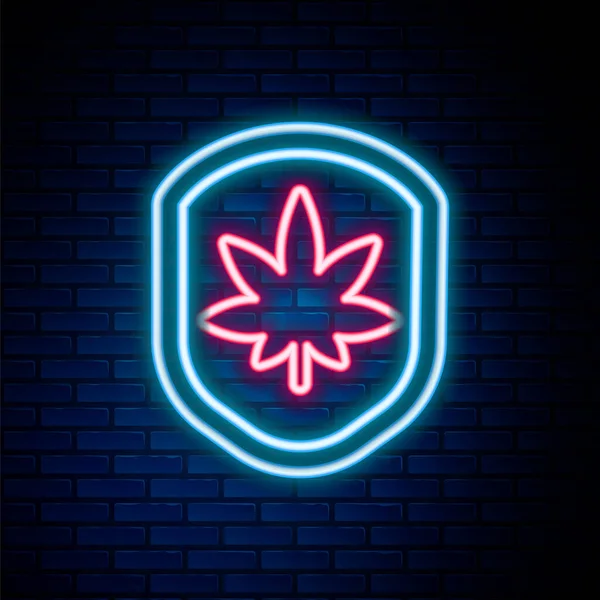 Glowing Neon Line Shield Marijuana Cannabis Leaf Icon Isolated Brick — Stock Vector