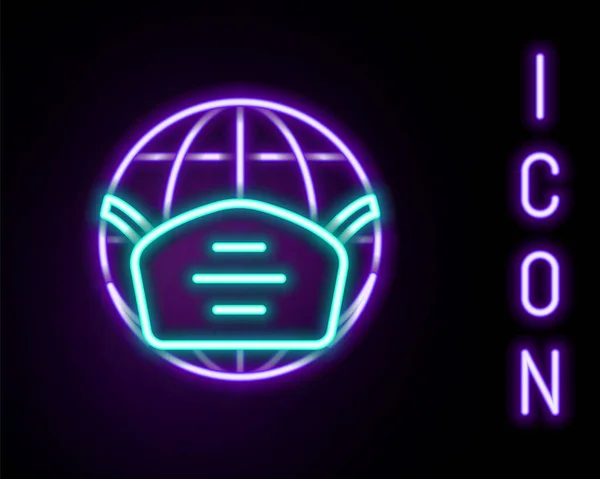 Žhnoucí Neonová Čára Země Zeměkoule Ikonou Lékařské Masky Izolované Černém — Stockový vektor