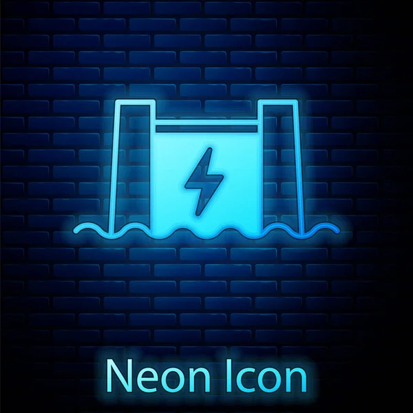 Glowing Neon Hydroelectric Dam Icon Isolated Brick Wall Background Water — Stock Vector