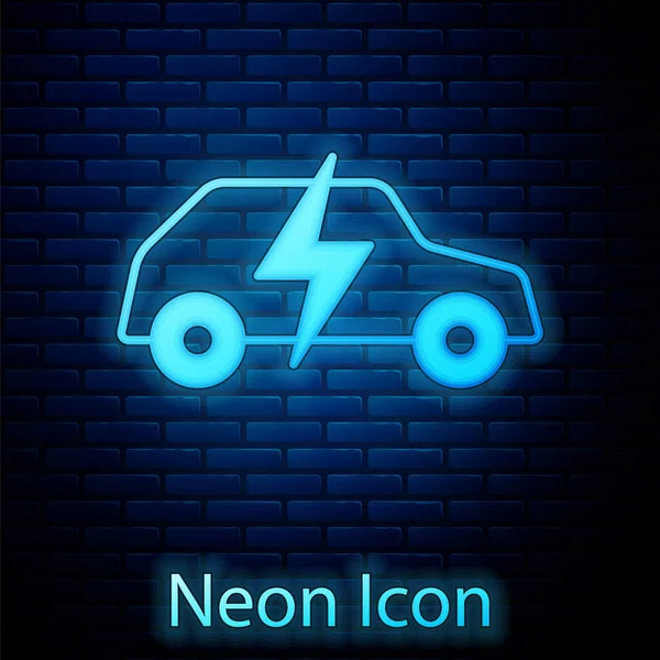Parlak Neon Elektrikli Araba Elektrik Kablosu Şarj Ikonu Tuğla Duvar — Stok Vektör