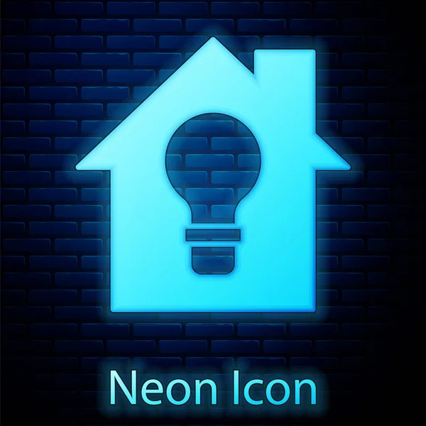 Glowing Neon Smart House Light Bulb Icon Isolated Brick Wall — Stock Vector