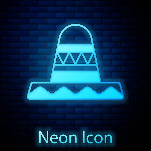 Zářící Neon Tradiční Mexické Sombrero Klobouk Ikona Izolované Cihlové Zdi — Stockový vektor