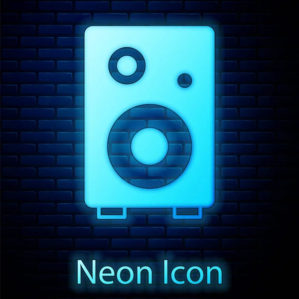 Gloeiende Neon Stereo Luidspreker Pictogram Geïsoleerd Baksteen Muur Achtergrond Geluidssysteemluidsprekers — Stockvector
