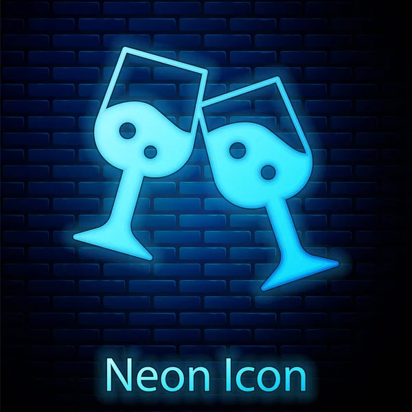 Glödande Neon Glas Champagne Ikon Isolerad Tegelvägg Bakgrund Vektor — Stock vektor