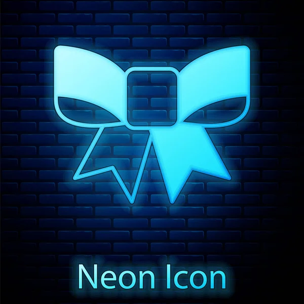 Gloeiende Neon Gift Bow Icoon Geïsoleerd Bakstenen Muur Achtergrond Vector — Stockvector