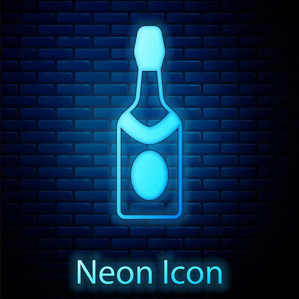 Icono Botella Champán Neón Brillante Aislado Fondo Pared Ladrillo Vector — Archivo Imágenes Vectoriales