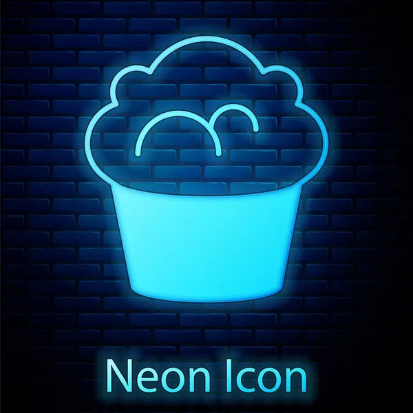 Icono Muffin Neón Brillante Aislado Fondo Pared Ladrillo Vector — Vector de stock