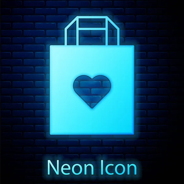 Светящийся Неоновый Мешок Покупок Иконкой Сердца Фоне Кирпичной Стены Магазин — стоковый вектор