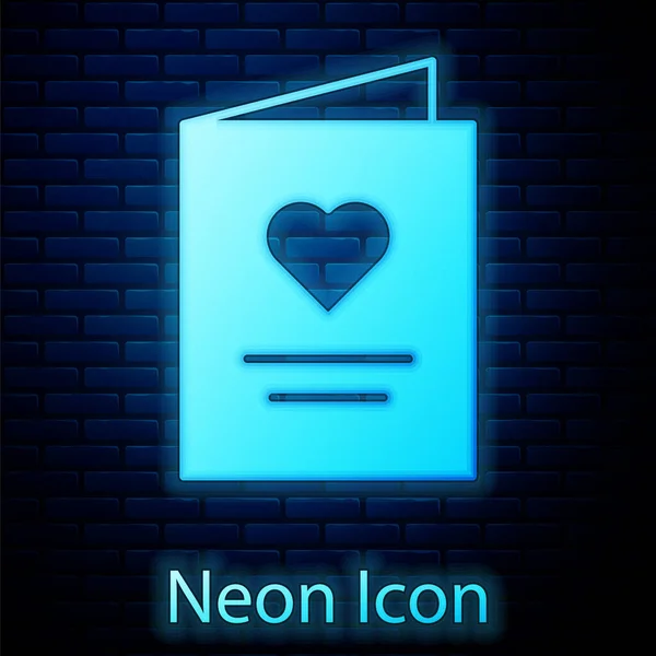 Glödande Neon Vykort Med Hjärta Ikon Isolerad Tegel Vägg Bakgrund — Stock vektor