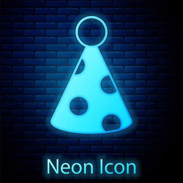 Zářící Neon Party Klobouk Ikona Izolované Cihlové Zdi Pozadí Narozeninová — Stockový vektor