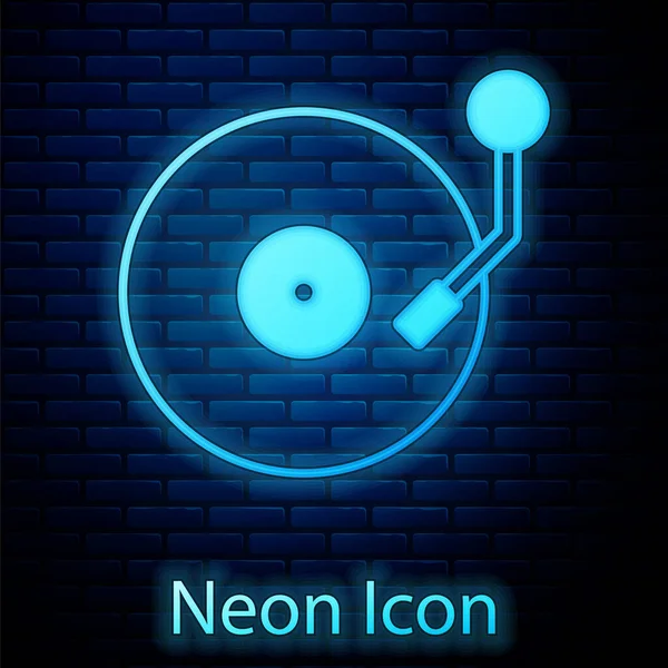 Świecący Neon Odtwarzacz Winylowy Ikoną Płyty Winylowej Odizolowany Ceglanym Tle — Wektor stockowy