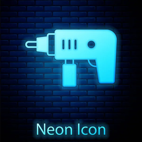 Glowing Neon Electric Drill Machine Icon Isolated Brick Wall Background — Stock Vector