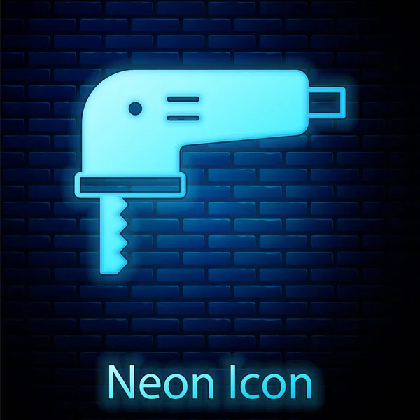 Glowing Neon Electric Jigsaw Dengan Ikon Pisau Tajam Baja Terisolasi - Stok Vektor