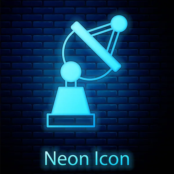 Zářící Neon Satelitní Talíř Ikona Izolované Cihlové Zdi Pozadí Rádiová — Stockový vektor