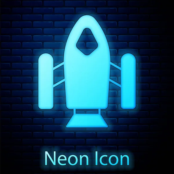 Glödande Neon Raket Fartyg Ikon Isolerad Tegel Vägg Bakgrund Rymdresor — Stock vektor