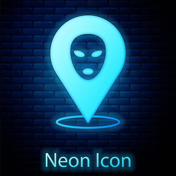 Brilhante Neon Ícone Alienígena Isolado Fundo Parede Tijolo Extraterrestre Rosto — Vetor de Stock