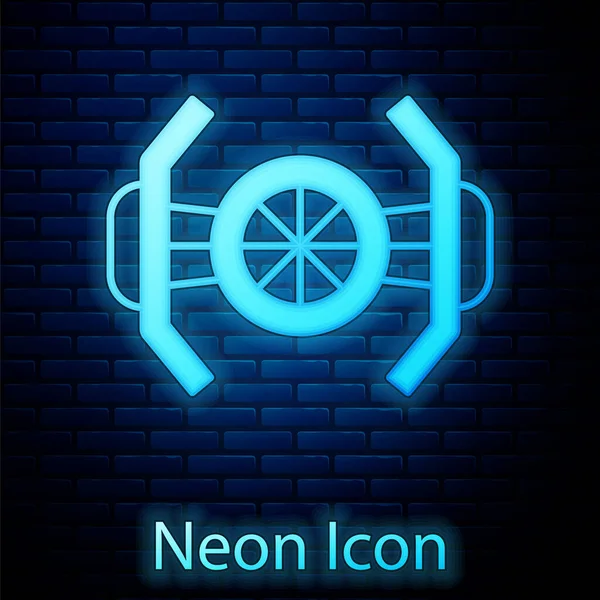 Świecący Neon Kosmiczna Ikona Statku Odizolowana Ceglanym Tle Ściany Wektor — Wektor stockowy