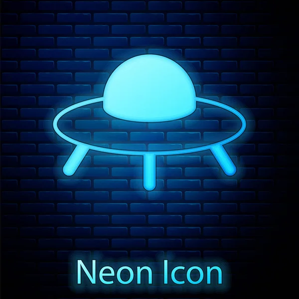 Parlayan Neon Işıklı Ufo Uçan Uzay Gemisi Simgesi Tuğla Duvar — Stok Vektör