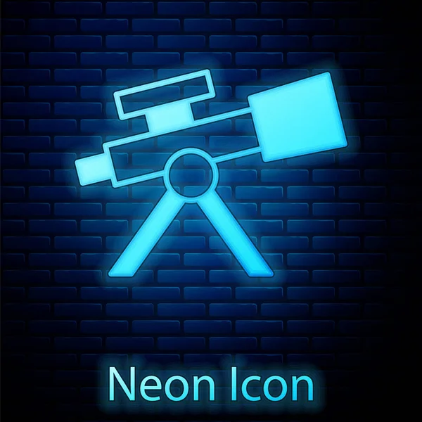 Glowing Neon Telescope Icon Isolated Brick Wall Background Scientific Tool — Stock Vector