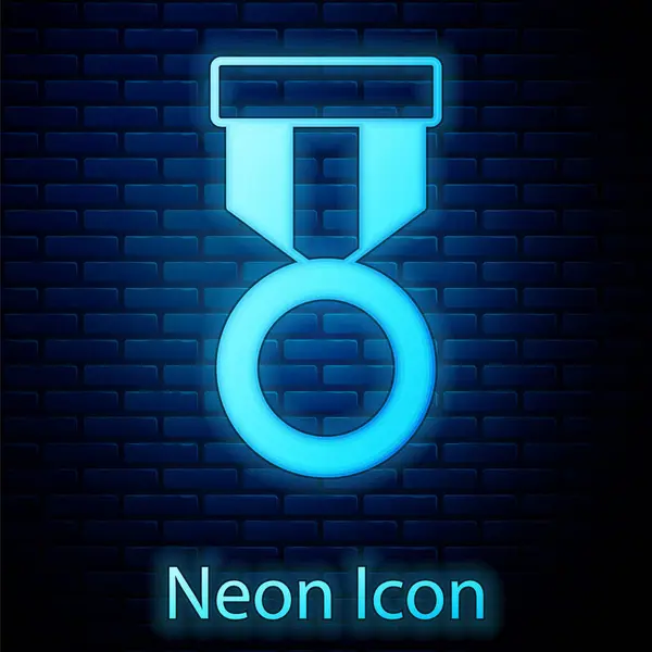 Žhnoucí Neon Vojenská Odměna Medaile Ikon Izolované Cihlové Zdi Pozadí — Stockový vektor