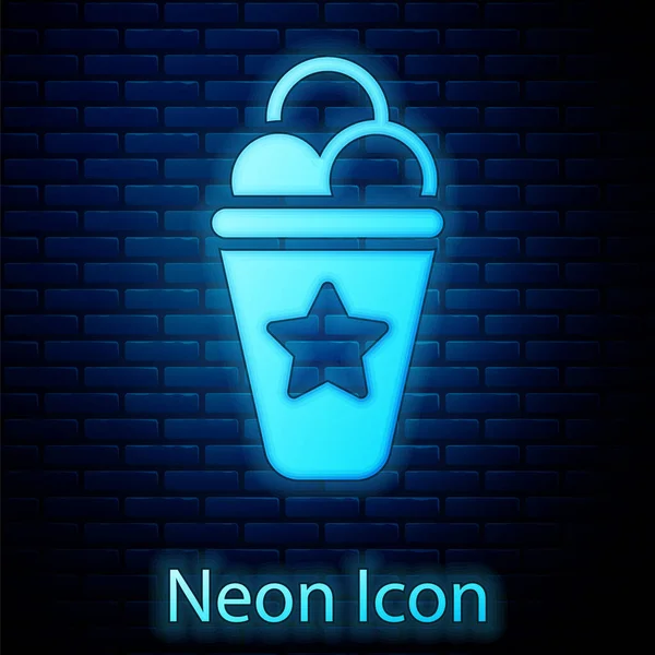 Brillante Helado Neón Icono Cono Gofre Aislado Fondo Pared Ladrillo — Vector de stock