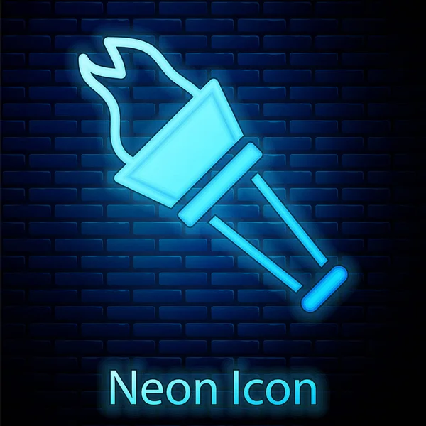 Glödande Neon Fackla Lågan Ikonen Isolerad Tegel Vägg Bakgrund Symbol — Stock vektor