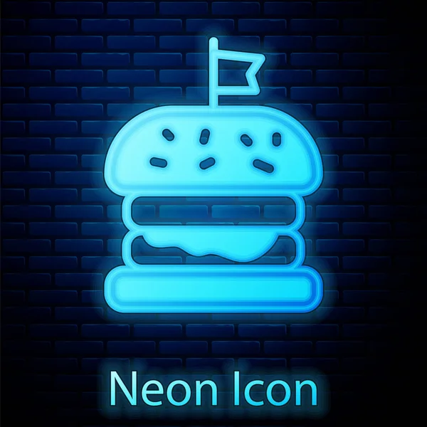 Ragyogó Neon Burger Ikon Elszigetelt Téglafal Háttér Hamburger Ikon Sajtburger — Stock Vector