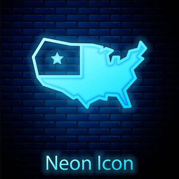 Glowing Neon Usa Map Icon Isolated Brick Wall Background Map — Stock Vector