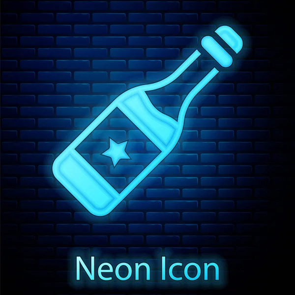 Glowing Neon Champagne Bottle Icon Isolated Brick Wall Background Merry — Stock Vector