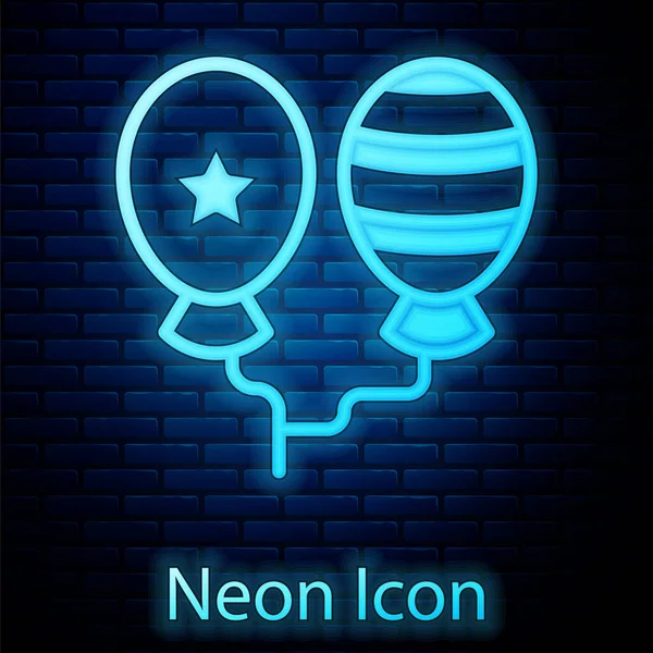 Glowing Neon Balloons Ribbon Icon Isolated Brick Wall Background Happy — Stock Vector
